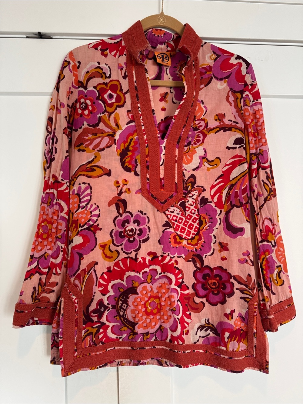Tory Burch Pink and Coral Floral V-Neck Tunic